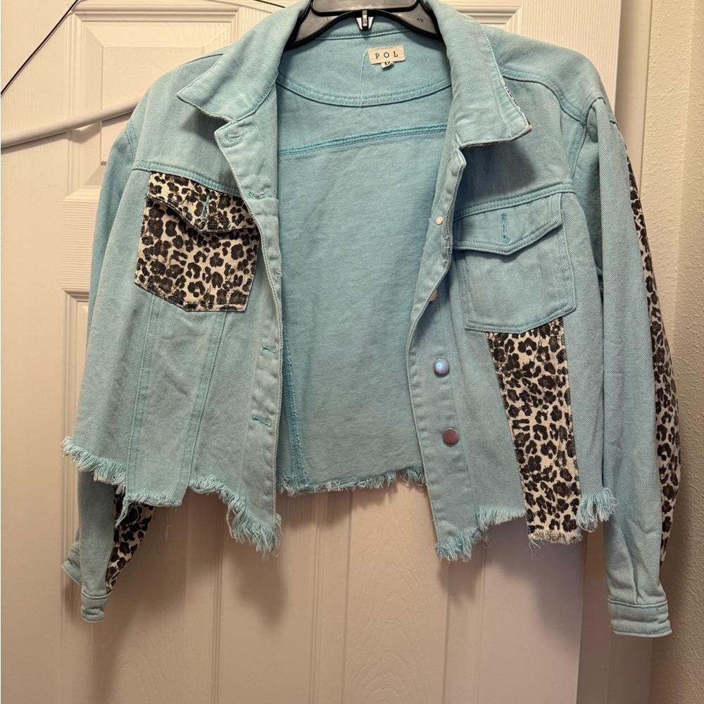 POL Blue Jean Jacket with Distressed Hem and Animal Print